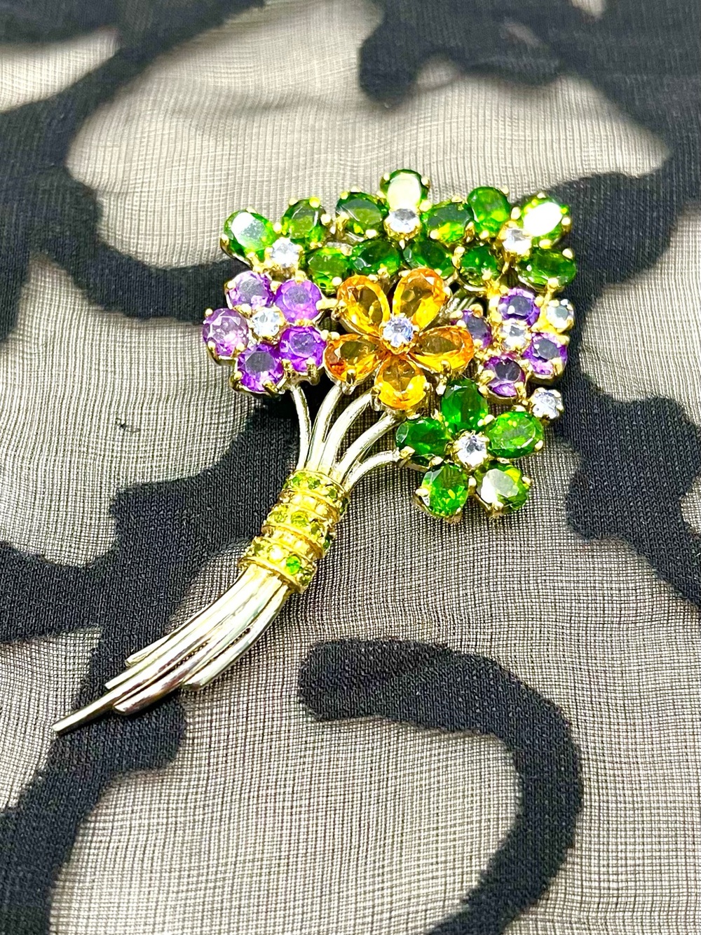 Natural Gem Bouquet 14KGP Brooch